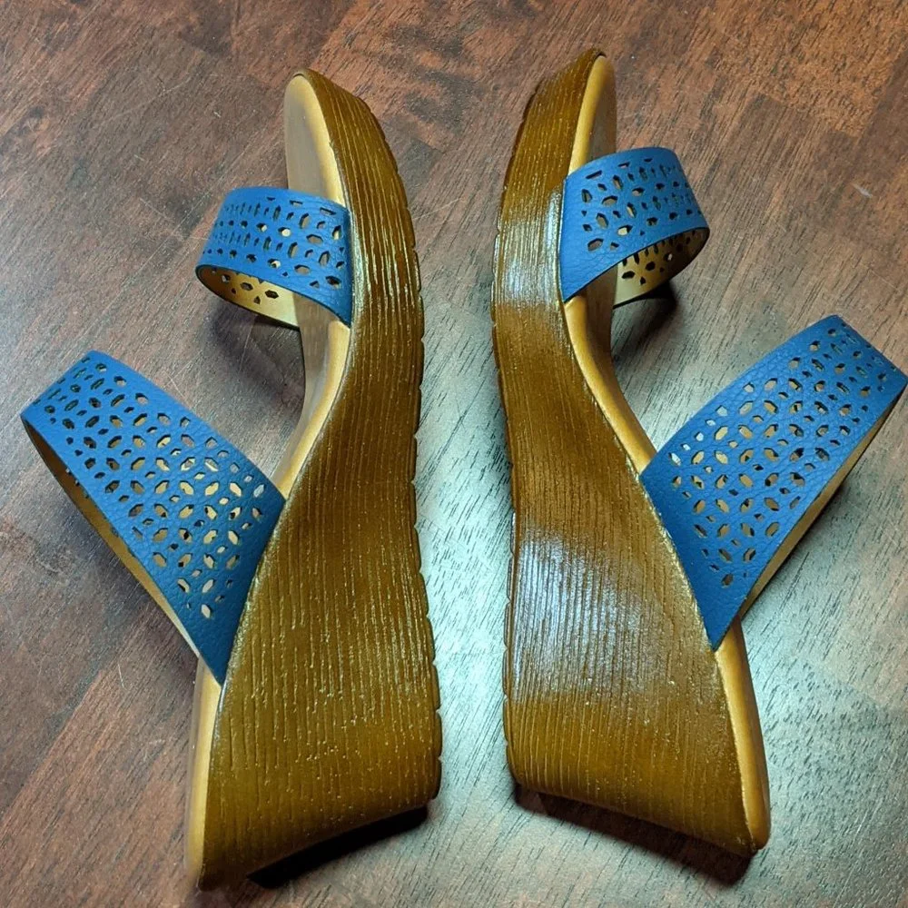 Italian Shoemakers blue laser cut slip on strap wedge sandals 7.5